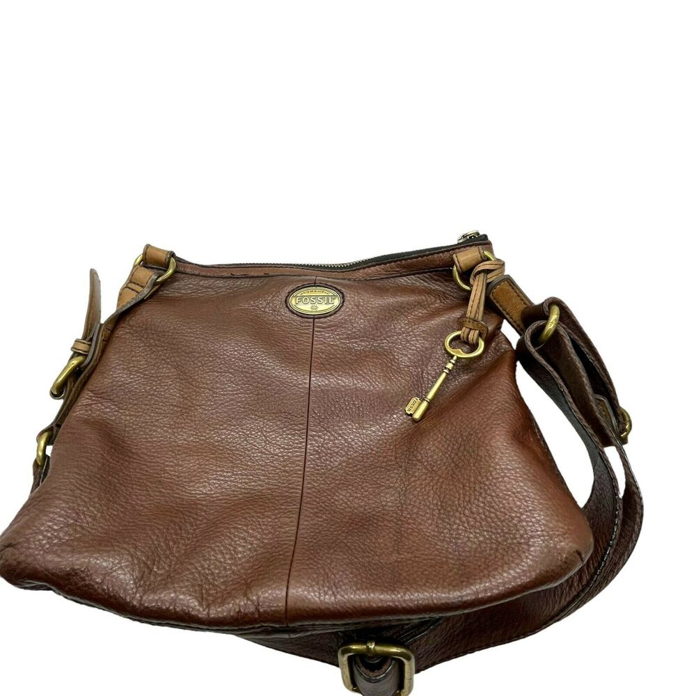 Fossil Crossbody Handbag Purse Womens Explorer Brown Leather Brass Tone Classic